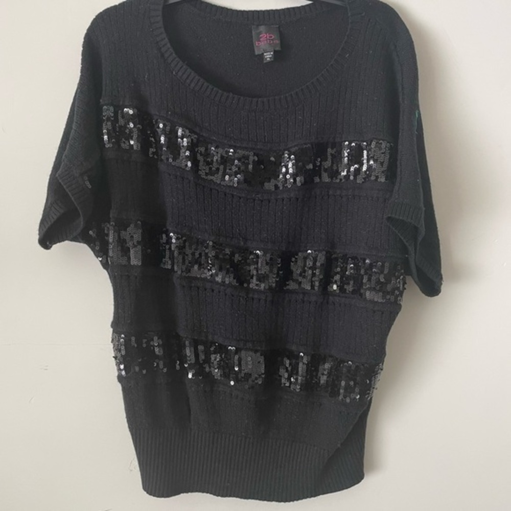 2b bebe black sweater with horizontal shiny lines. Size XL